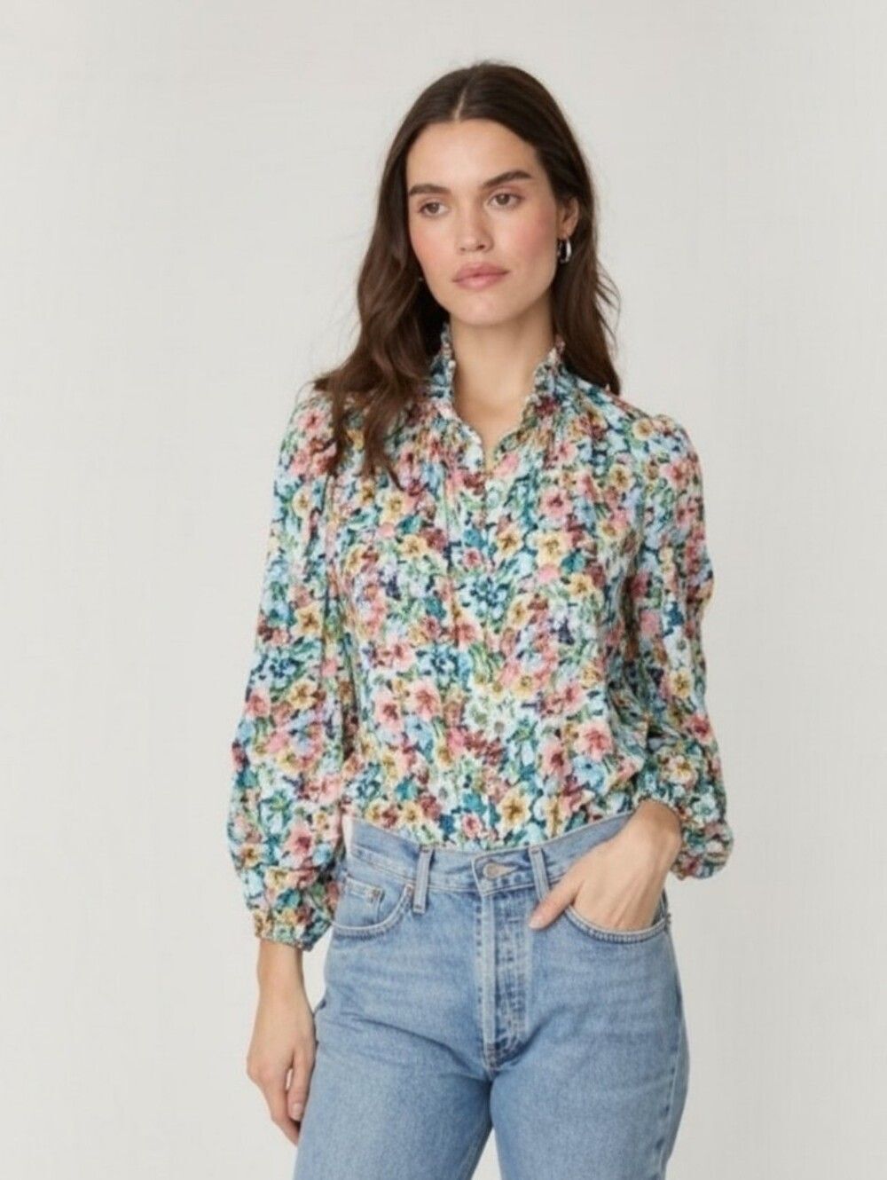 Shoshanna Hudson Poplin Floral Long Sleeve Ruffle Detail Button Up Blouse Top M